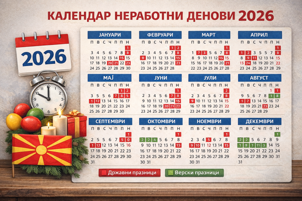 календар неработни денови 2026 Македонија